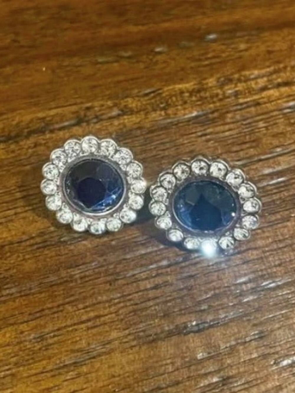 Faux sapphire post earrings with cubic zirconia circle. EUC.